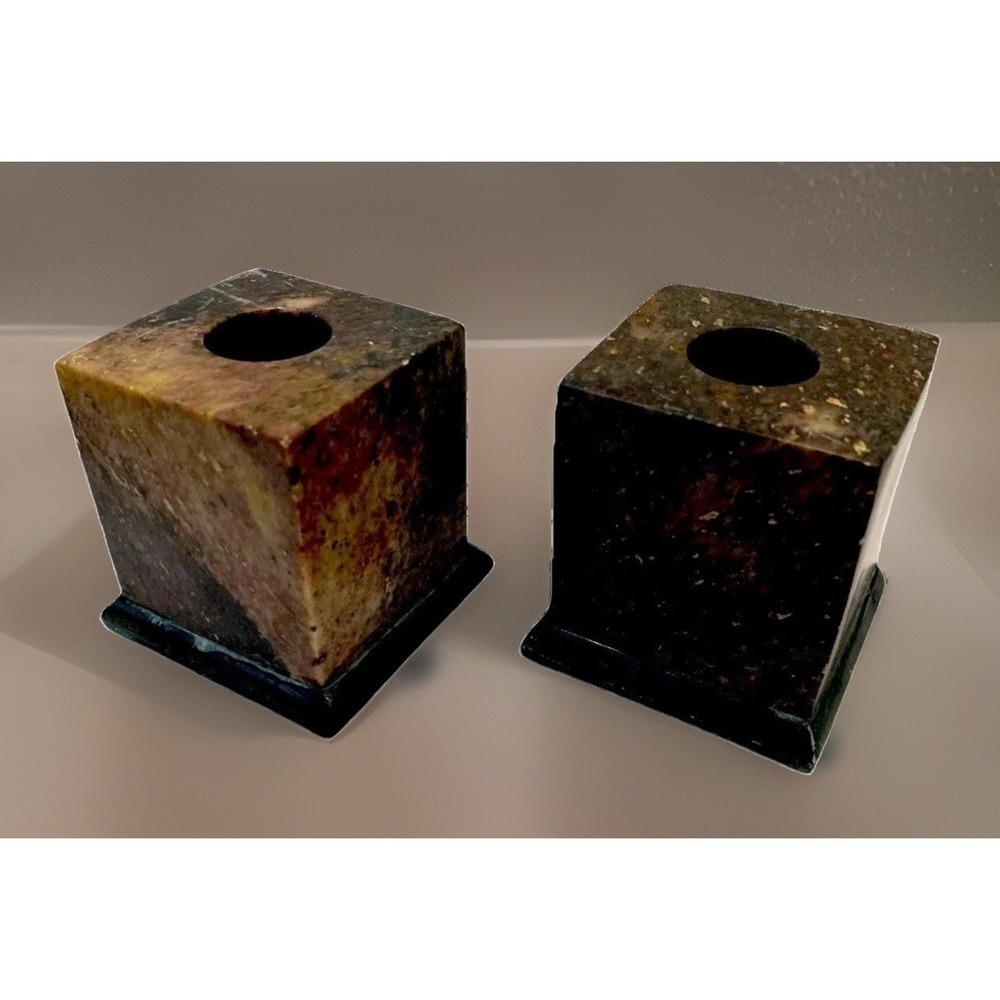 VTG Marble Stone Cube Candle Holder Pair 2" Black Brown Gold Speckle Deco MCM
